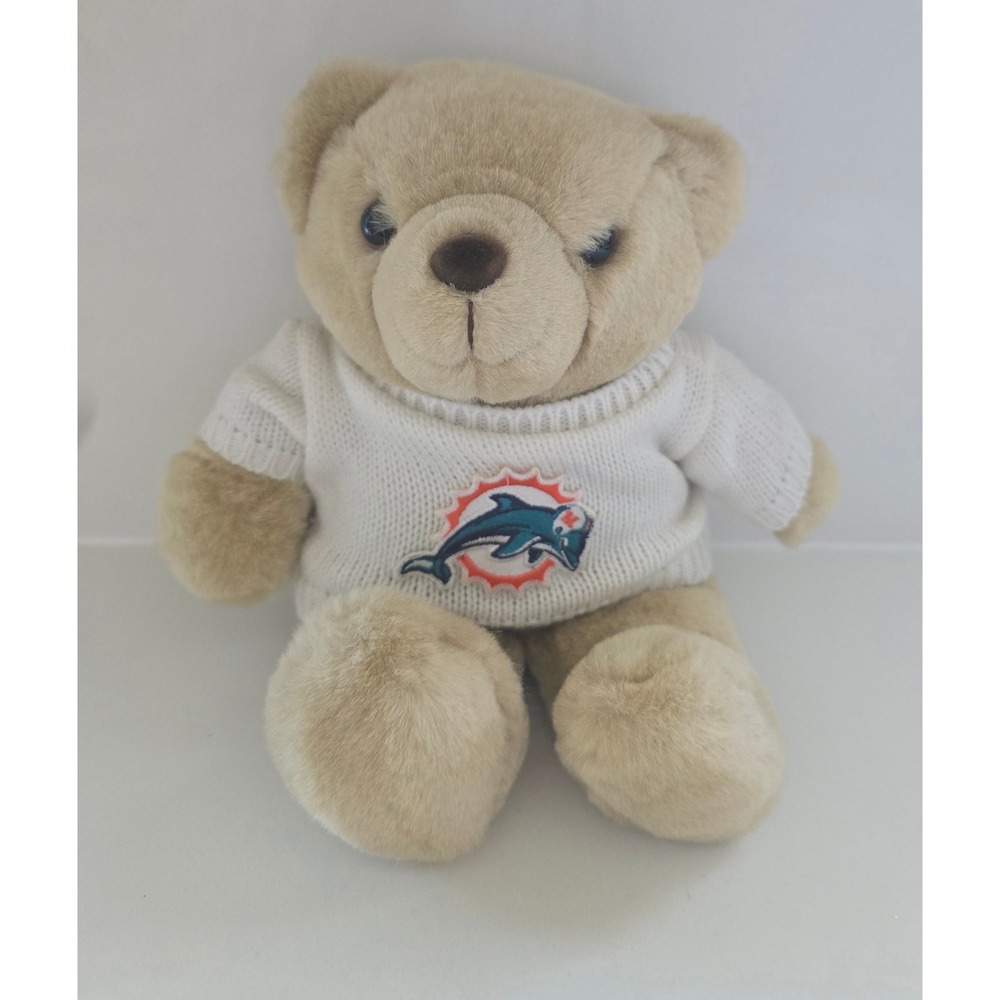 Miami Dolphins Vintage Plush Teddy Bear Ensemble Sports White Sweater NFL Tan